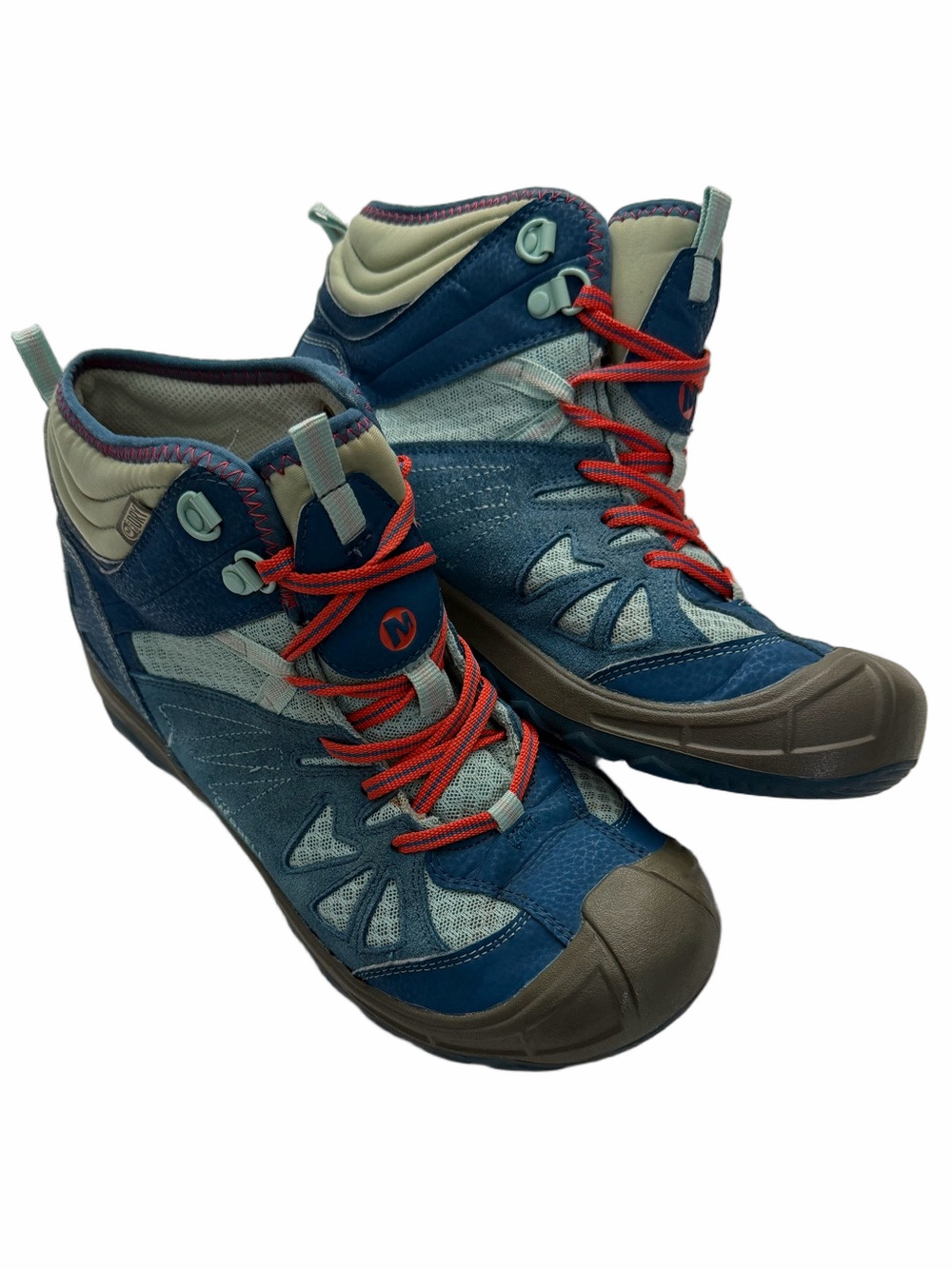 Merrell Blue Teal Woman Size 7 Wide Hiking Boots Pink Laces Outdoors Waterproof